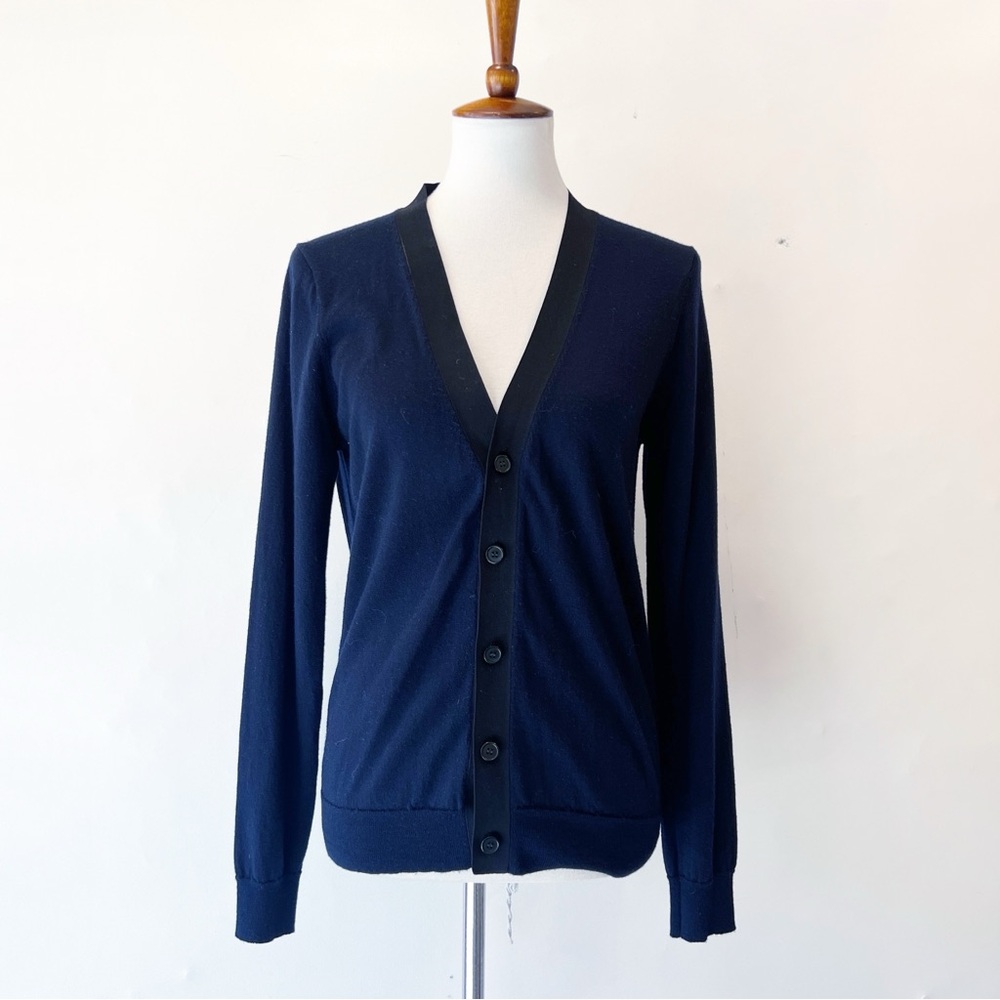 Sandro Navy Blue with Black Ribbon Trim Cardigan Sweater XS